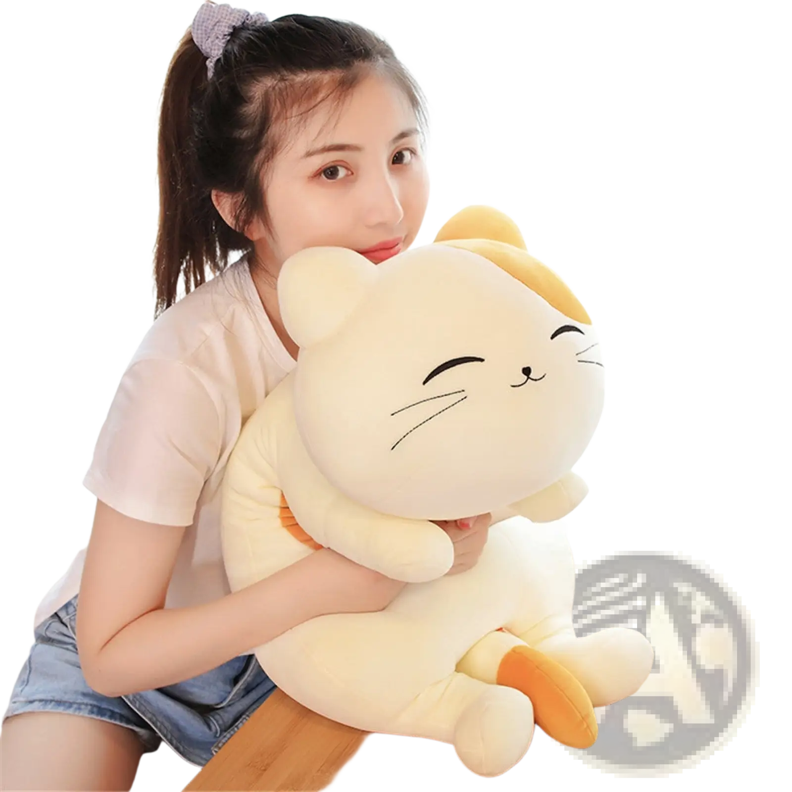 Calico cat plush toy large smiling stuffed animal soft cream-colored with yellow accents on ears and paws