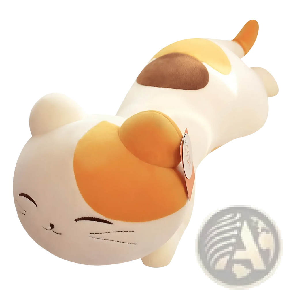 A large smiling calico cat plush toy with soft white orange and brown fur lying on its side made of plush material