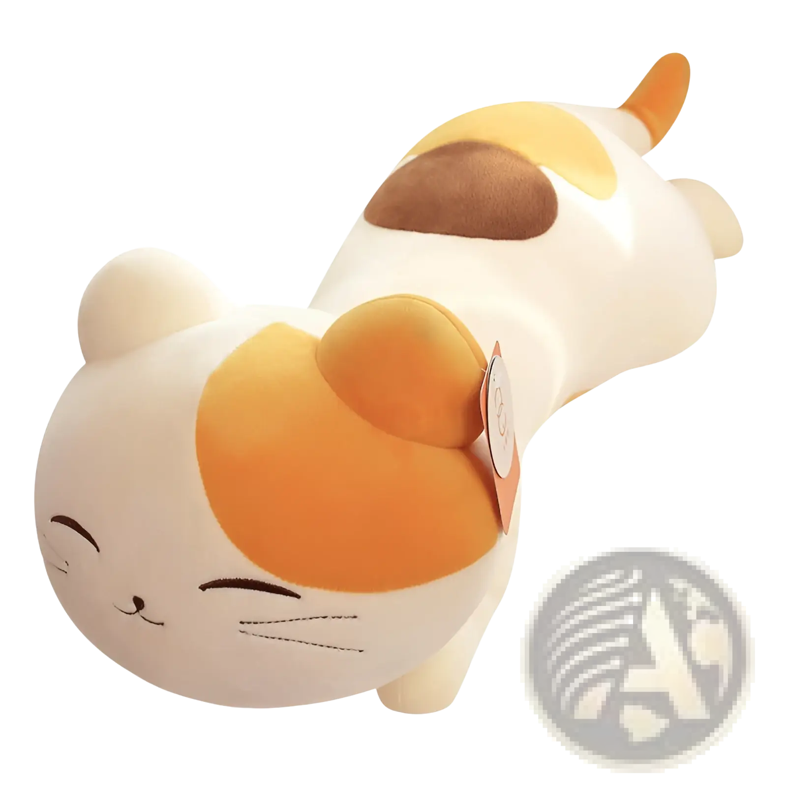 A large smiling calico cat plush toy with soft white orange and brown fur lying on its side made of plush material