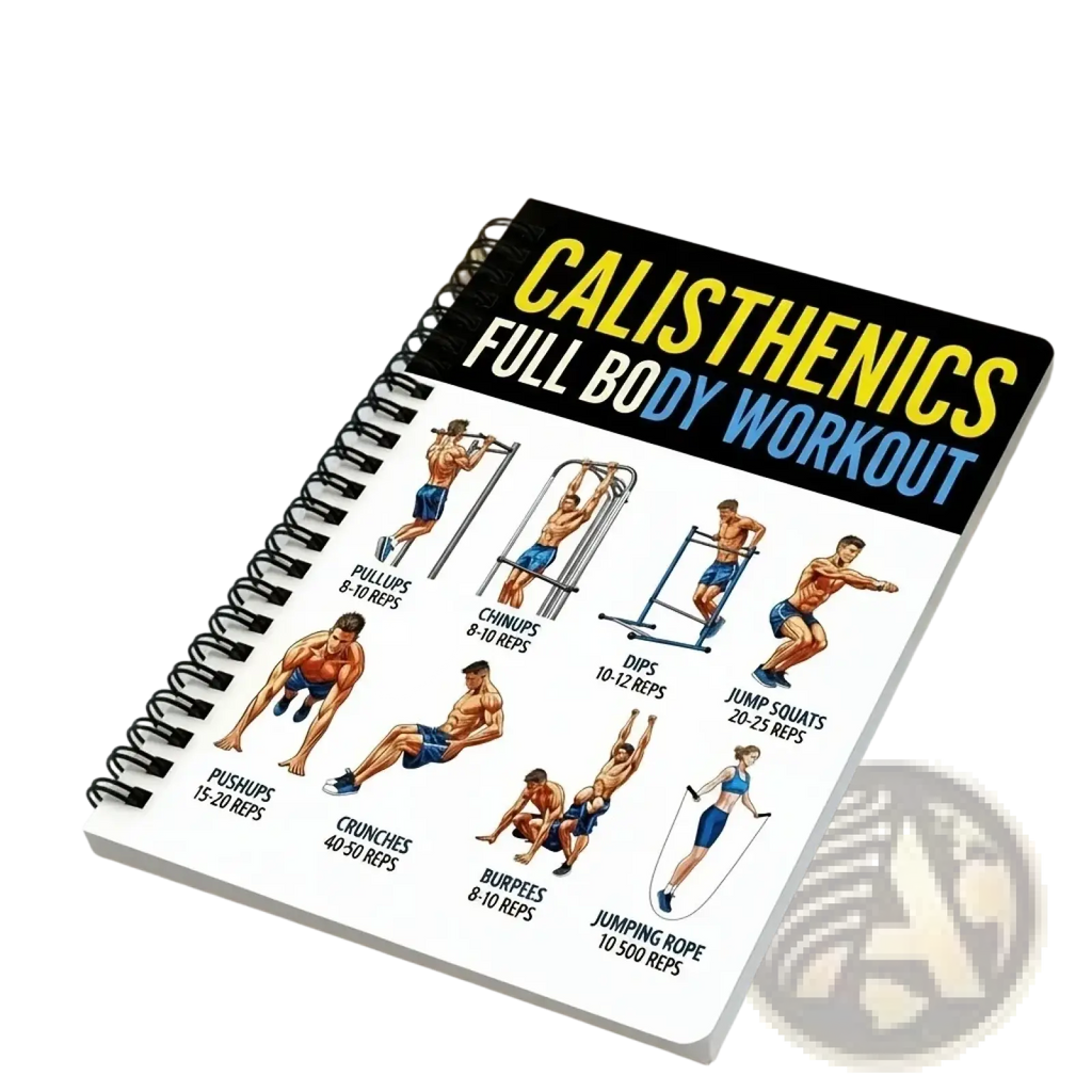Black spiral-bound calisthenics workout journal with bold yellow and blue lettering and exercise diagrams on cover