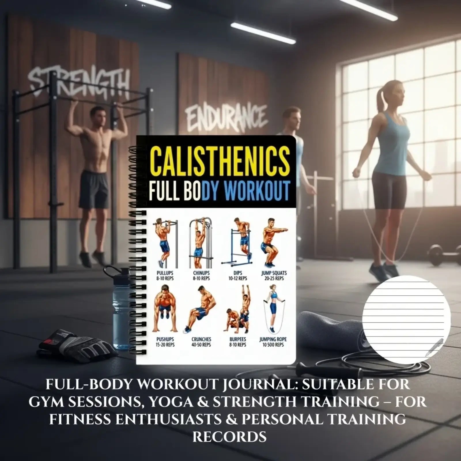 Black spiral-bound calisthenics workout journal with colorful exercise illustrations and bold yellow and blue cover text