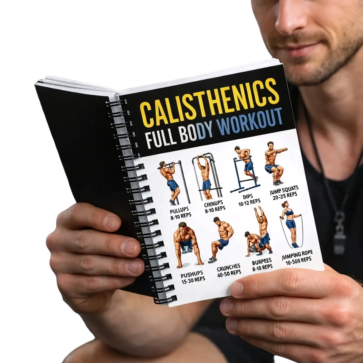 Black spiral-bound calisthenics workout journal with full body exercise guide and colorful rep count illustrations