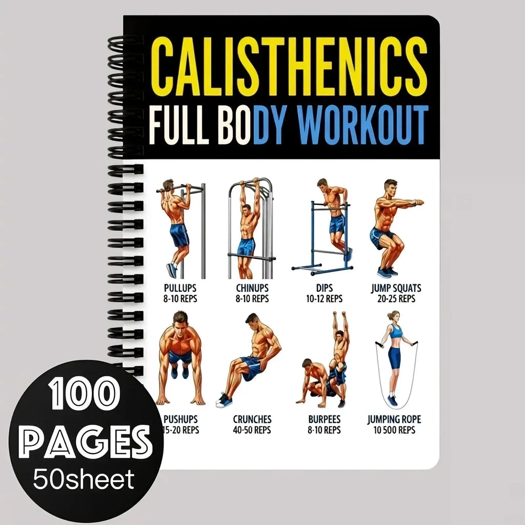 Black spiral-bound calisthenics workout journal with yellow and blue text and illustrated exercise diagrams