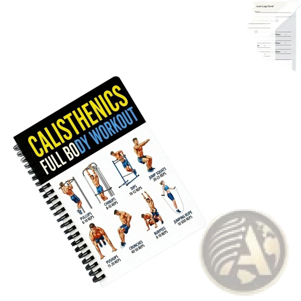 Black and white spiral-bound calisthenics workout journal with bold yellow and blue text featuring exercise illustrations