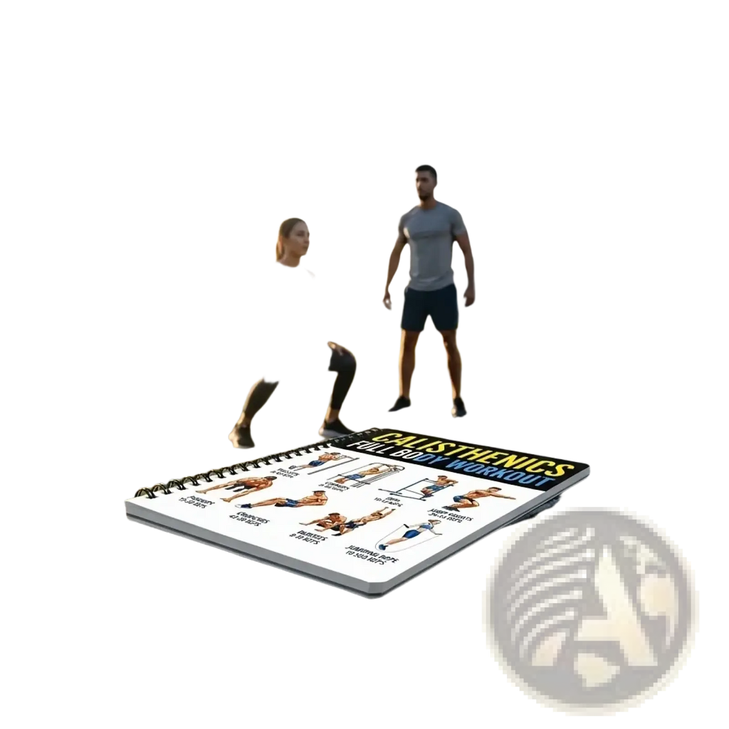 A spiral-bound calisthenics workout journal with bold yellow text and illustrated exercises open on a black park bench