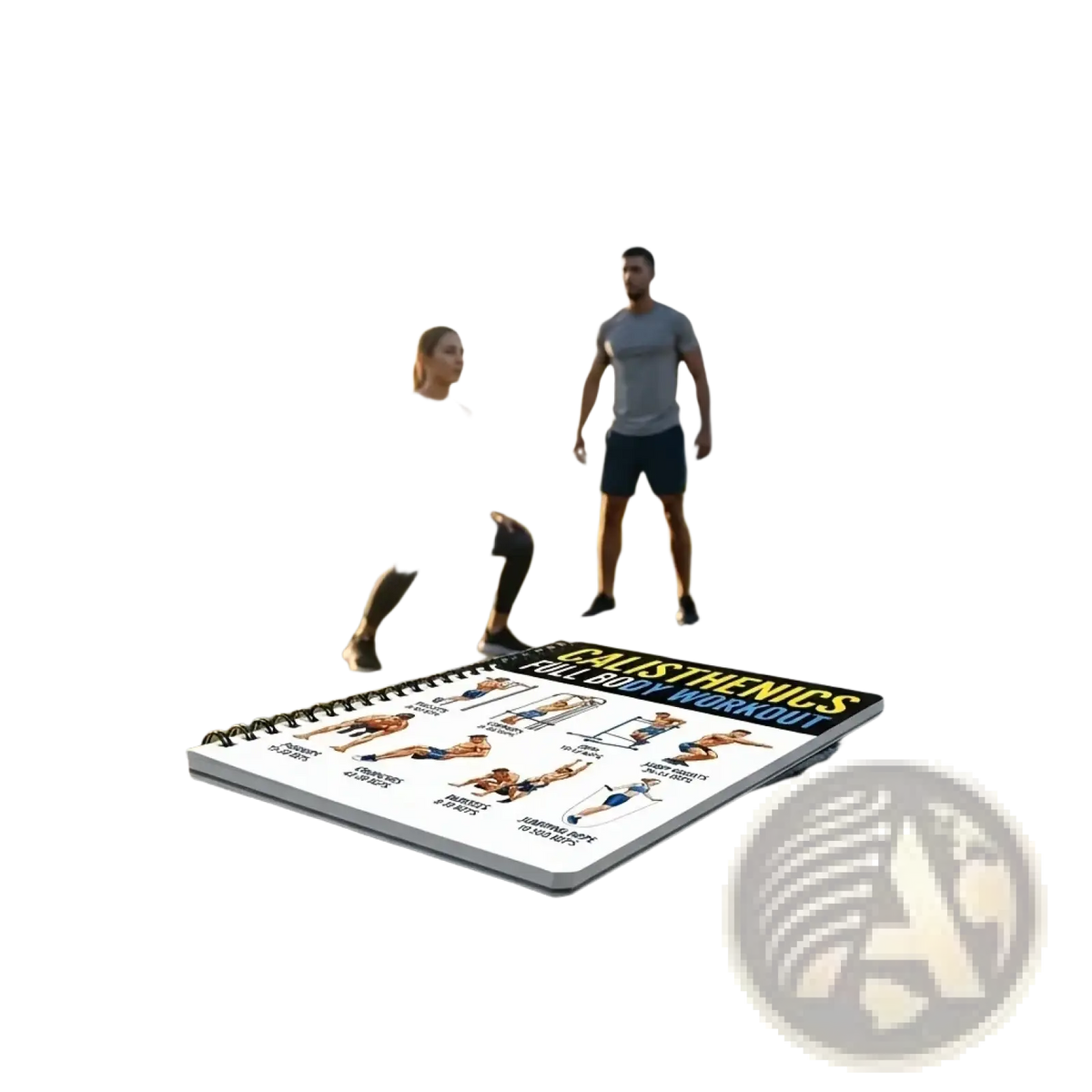 A spiral-bound calisthenics workout journal with bold yellow text and illustrated exercises open on a black park bench