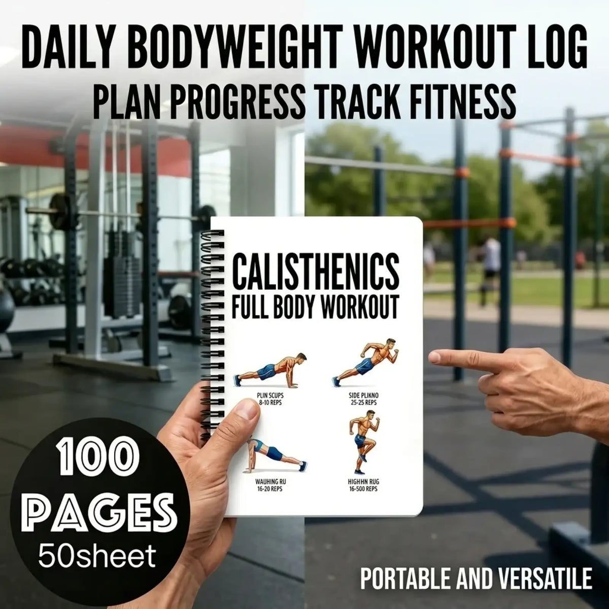 White spiral-bound calisthenics workout journal and fitness planner with black text and exercise illustrations