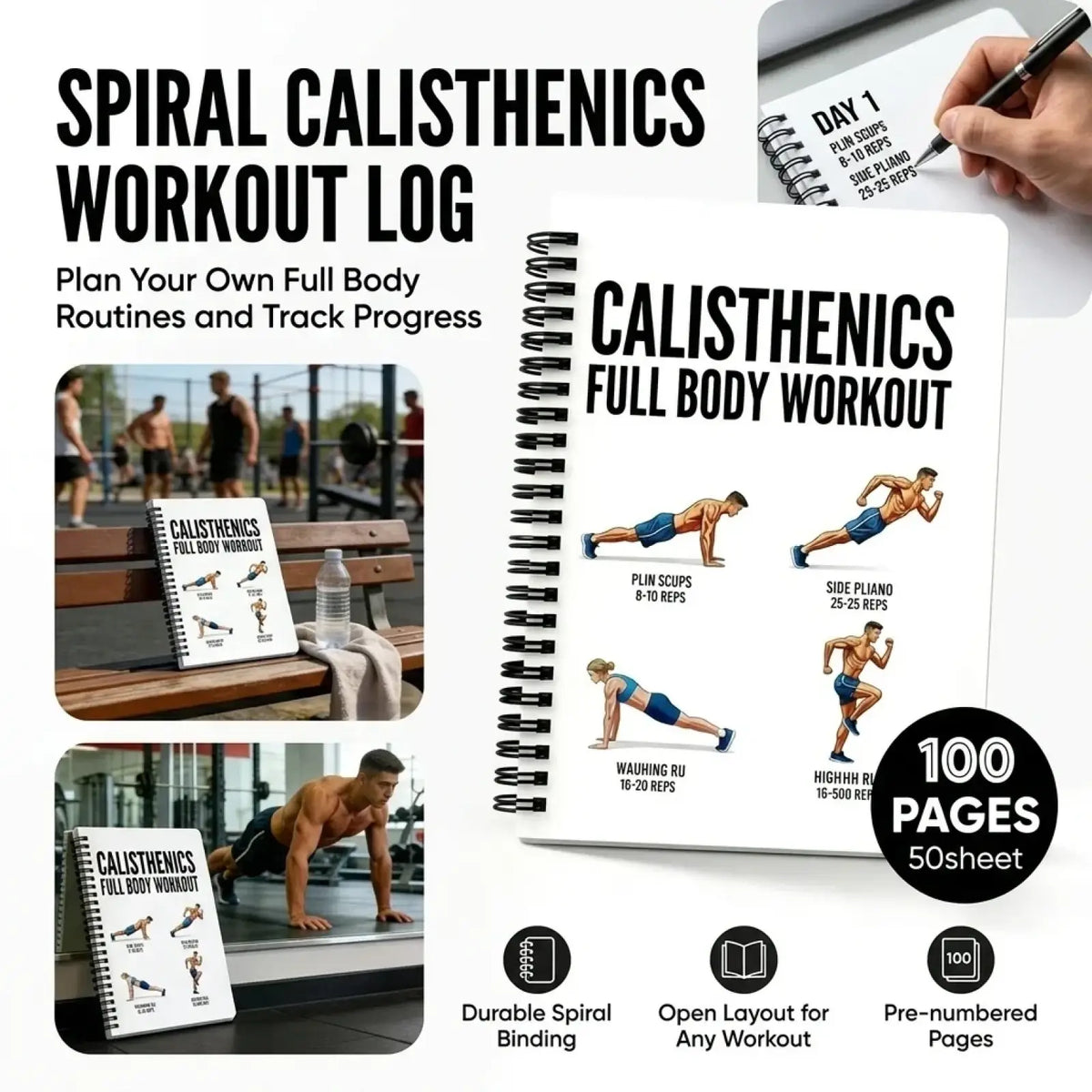 White spiral-bound calisthenics workout journal and fitness planner with black text and exercise illustrations