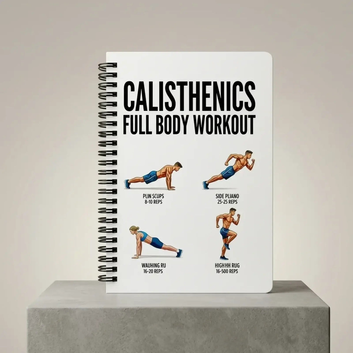White spiral-bound notebook with black text and calisthenics exercise illustrations for workout journaling and planning