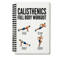 White spiral-bound calisthenics workout journal featuring bold black text and colorful exercise illustrations