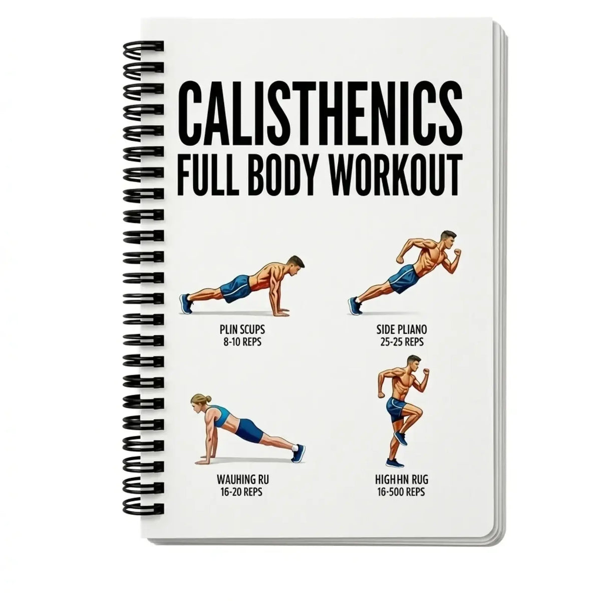 White spiral-bound calisthenics workout journal featuring bold black text and colorful exercise illustrations
