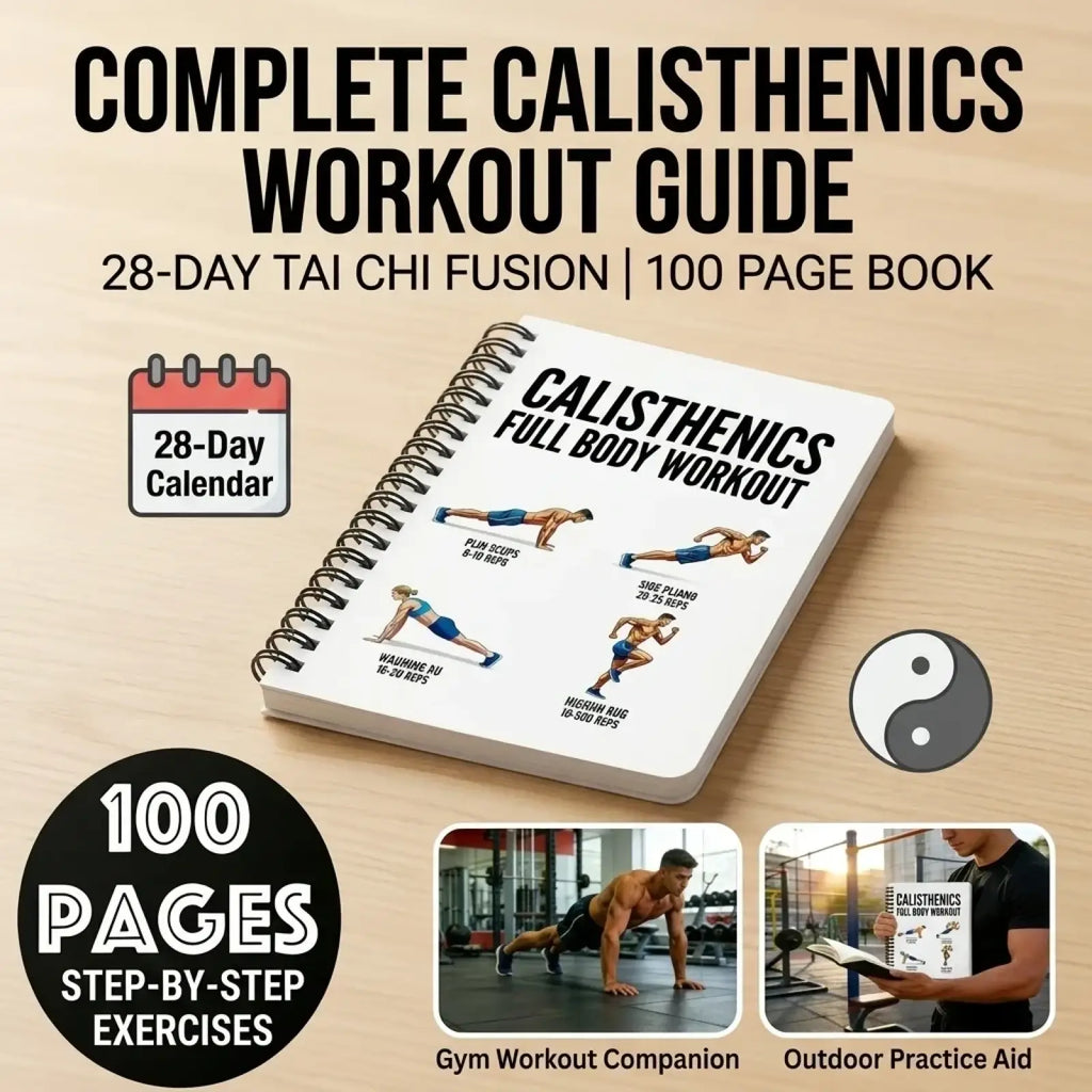 White spiral-bound calisthenics workout journal and fitness planner with black text and exercise illustrations