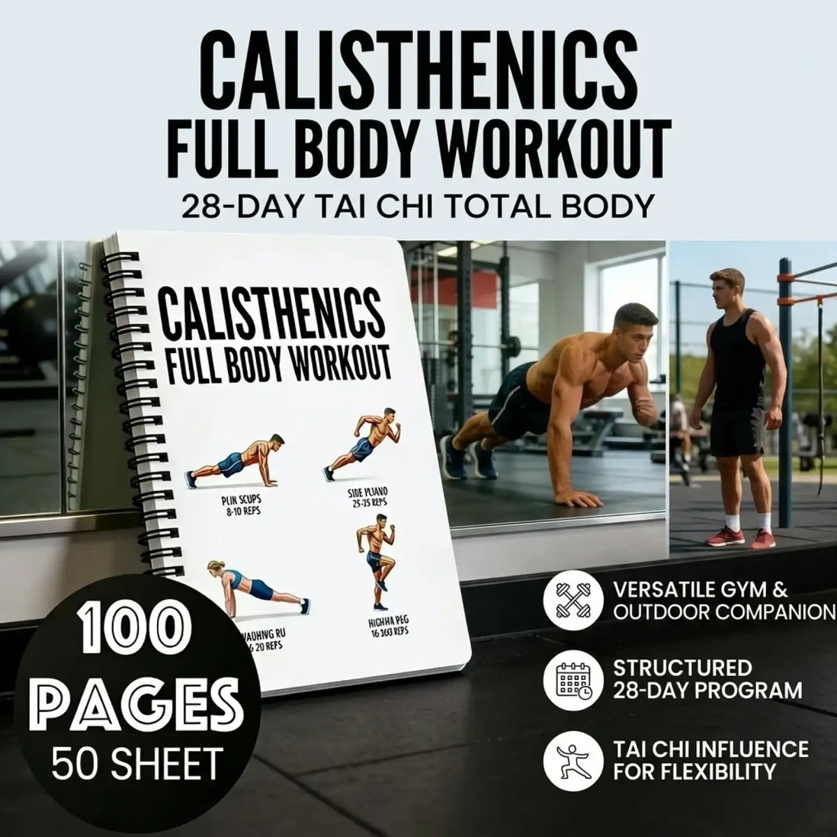 White spiral-bound calisthenics workout journal with black text and exercise illustrations for fitness planning