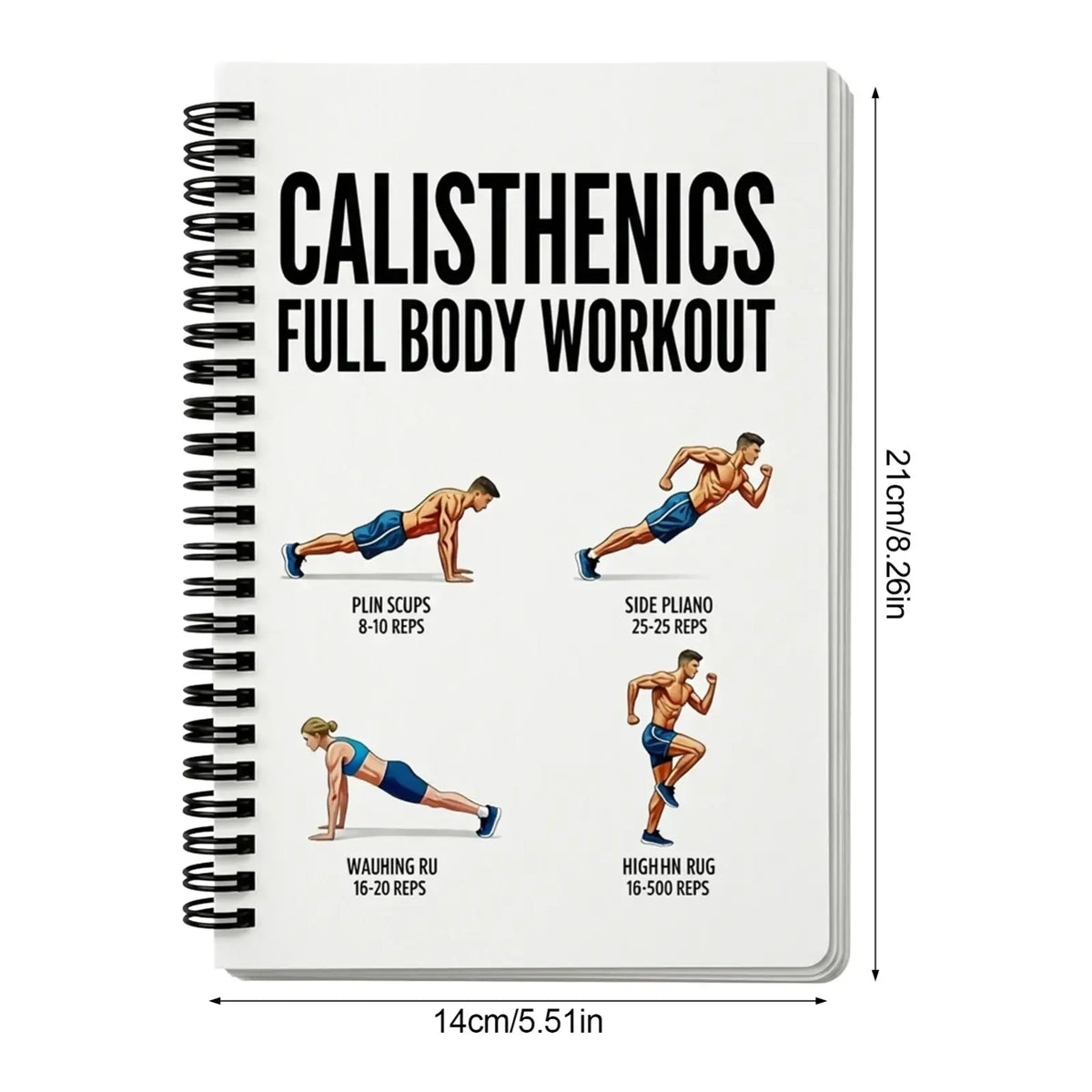White spiral-bound calisthenics workout journal with black text and exercise illustrations for fitness planning