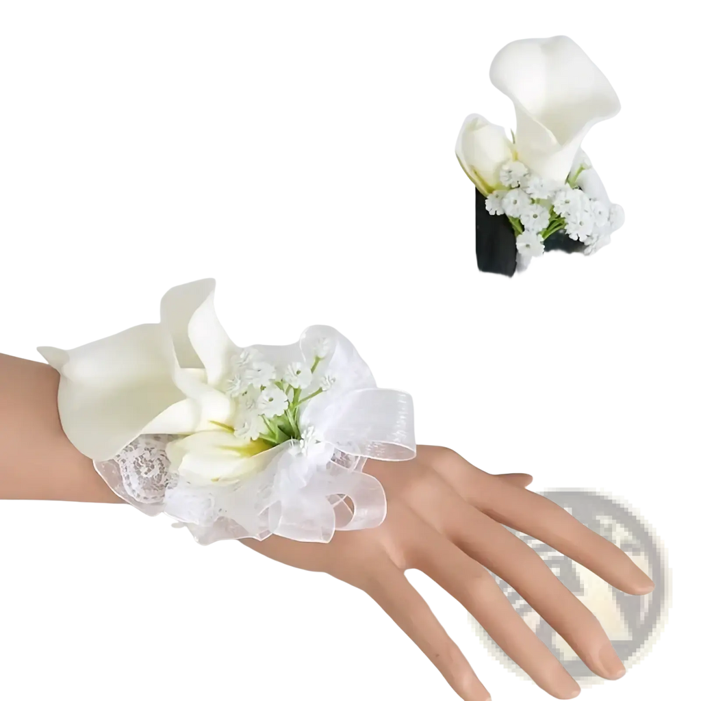 White calla lily wrist corsage with lace and ribbon detailing in wedding boutonniere and wrist corsage set