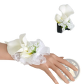 White calla lily wrist corsage with lace and ribbon detailing in wedding boutonniere and wrist corsage set