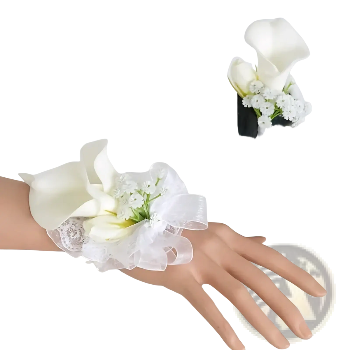 White calla lily wrist corsage with lace and ribbon detailing in wedding boutonniere and wrist corsage set