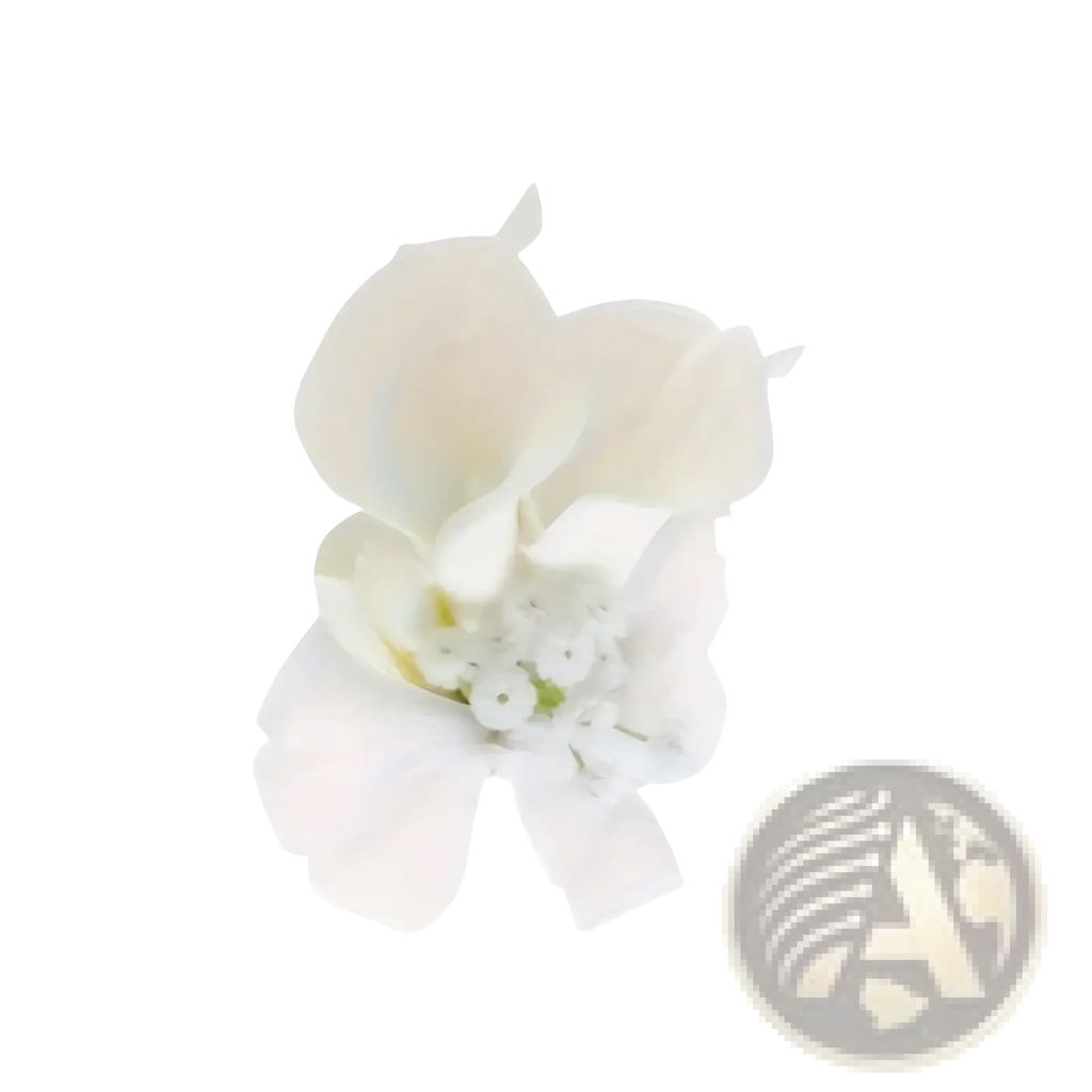 Delicate white artificial calla lily wedding boutonniere and wrist corsage set with soft layered petals and detailed center