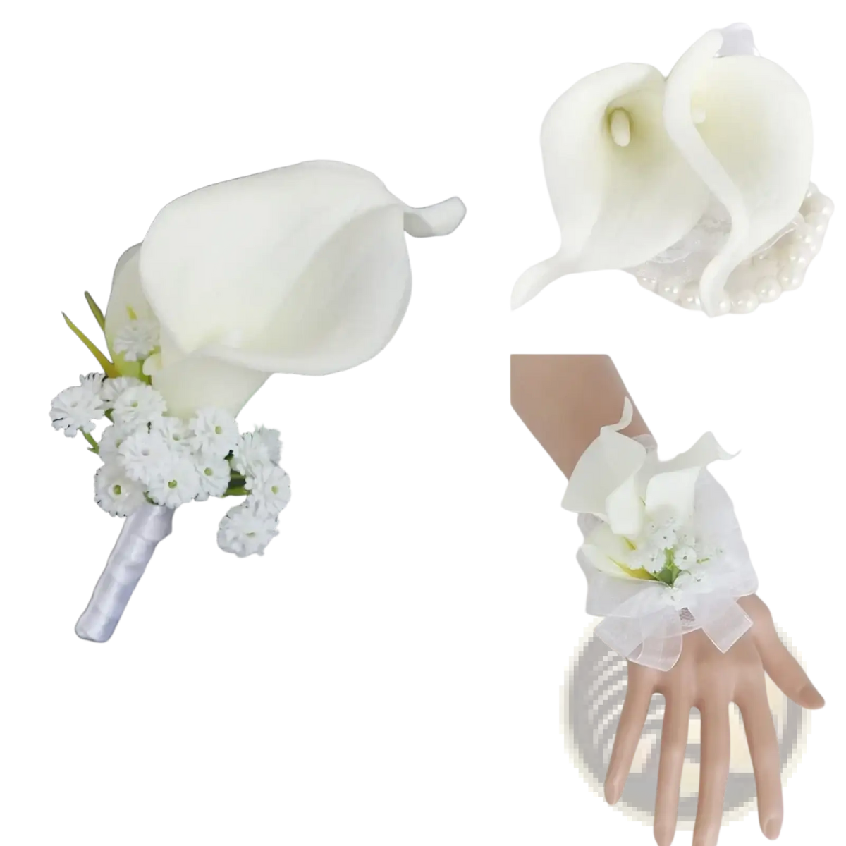 Elegant white calla lily wedding boutonniere and wrist corsage set with delicate pearl accents for formal occasions