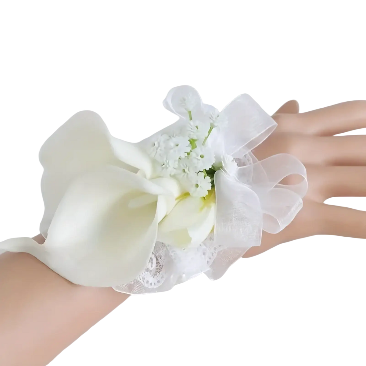 Elegant white calla lily wedding boutonniere and wrist corsage set with baby’s breath and sheer lace ribbon accents