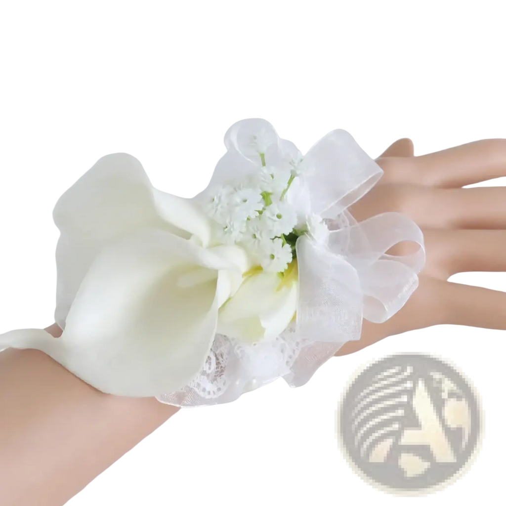 Elegant white calla lily wrist corsage with delicate lace and sheer ribbon for wedding boutonniere set