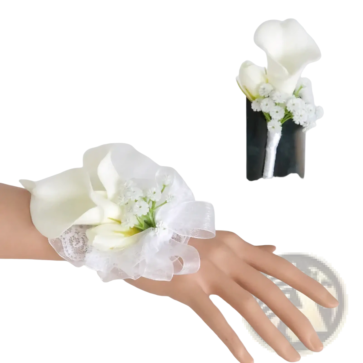 White calla lily wedding boutonniere and wrist corsage set with lace and sheer ribbon accents for formal occasions