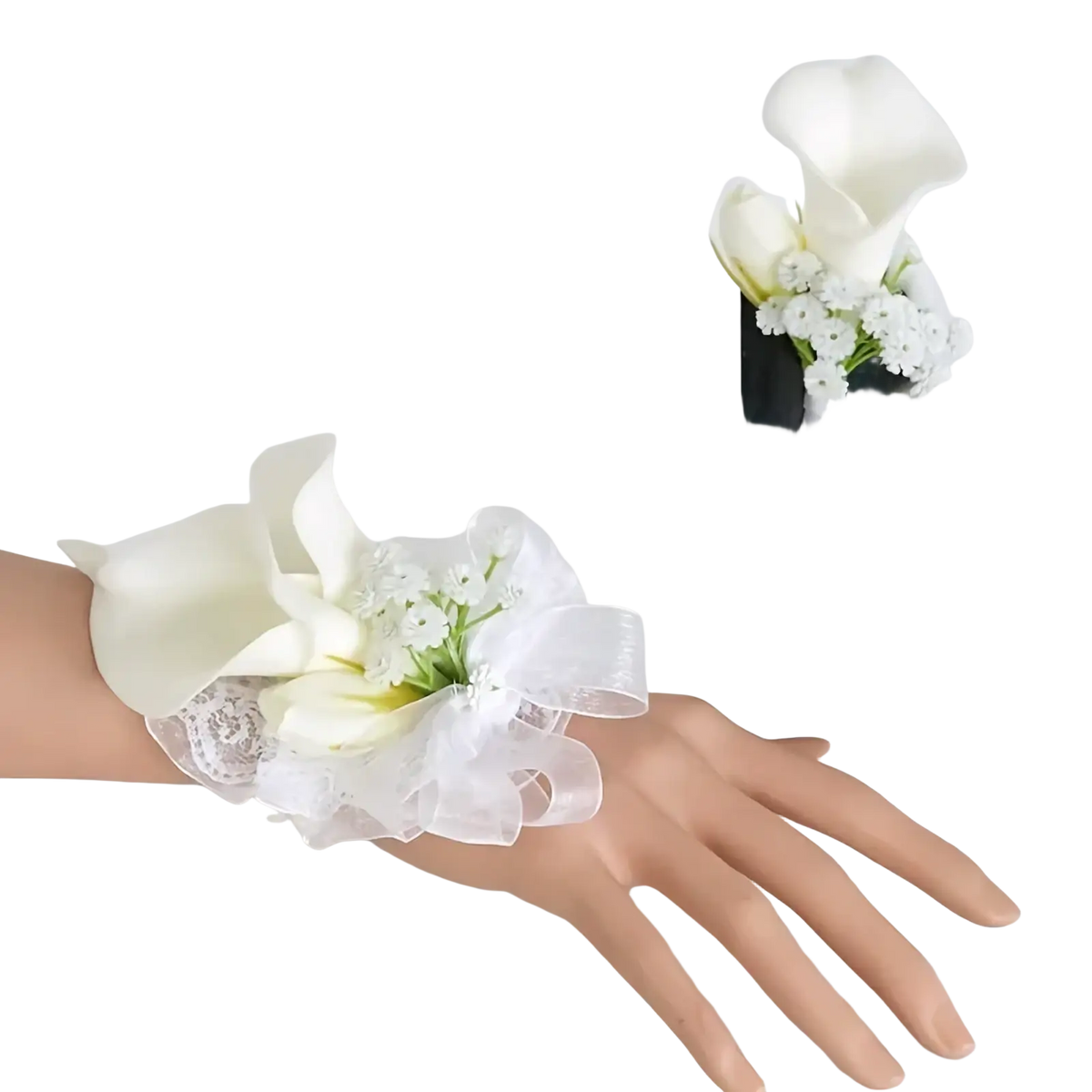 White calla lily wrist corsage with lace and ribbon detailing in wedding boutonniere and wrist corsage set
