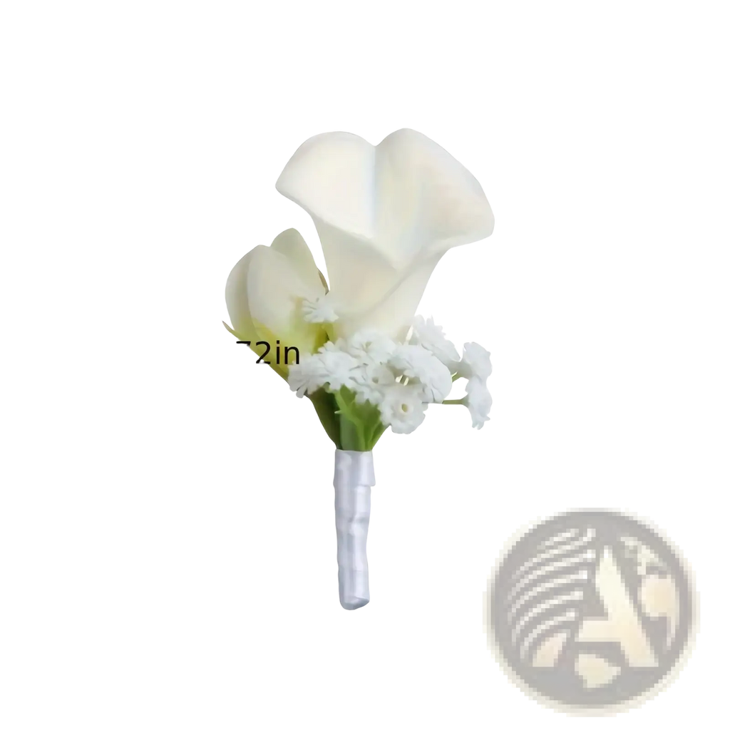 White artificial calla lily wedding boutonniere with delicate filler flowers and satin wrapped stem for formal events
