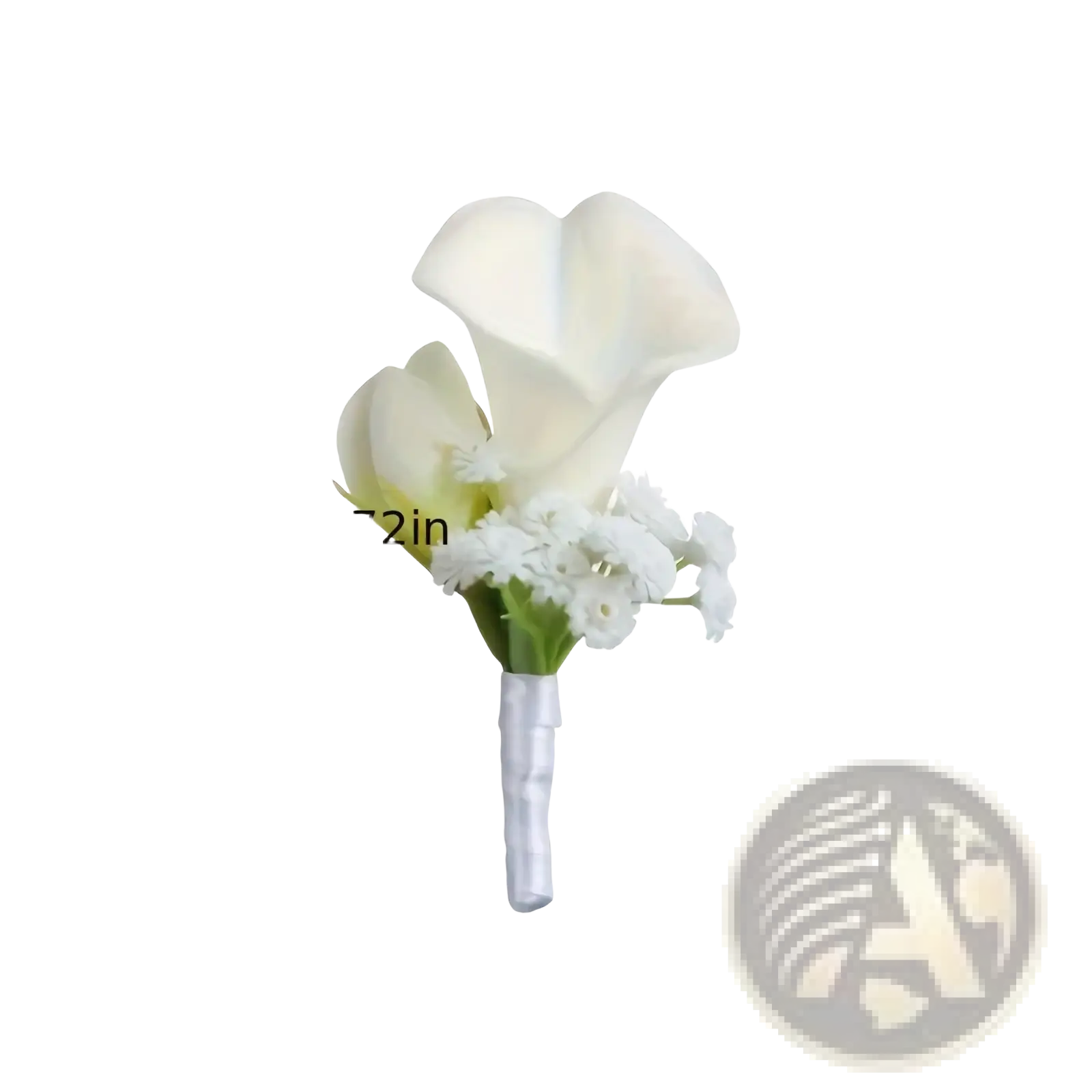 White artificial calla lily wedding boutonniere with delicate filler flowers and satin wrapped stem for formal events