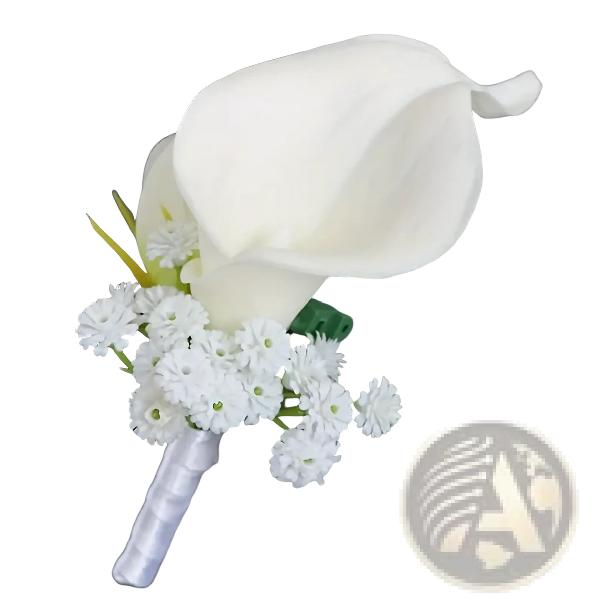 White artificial calla lily wedding boutonniere with delicate daisies green accents wrapped in satin ribbon