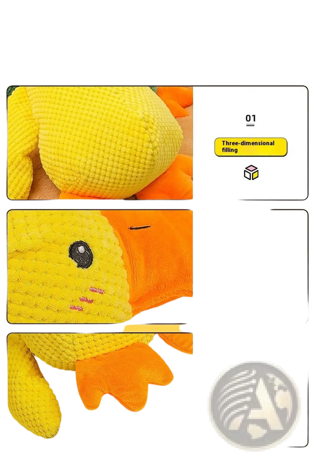 A plush yellow calming duck toy for dogs with orange feet and beak made of textured fabric with embroidered details