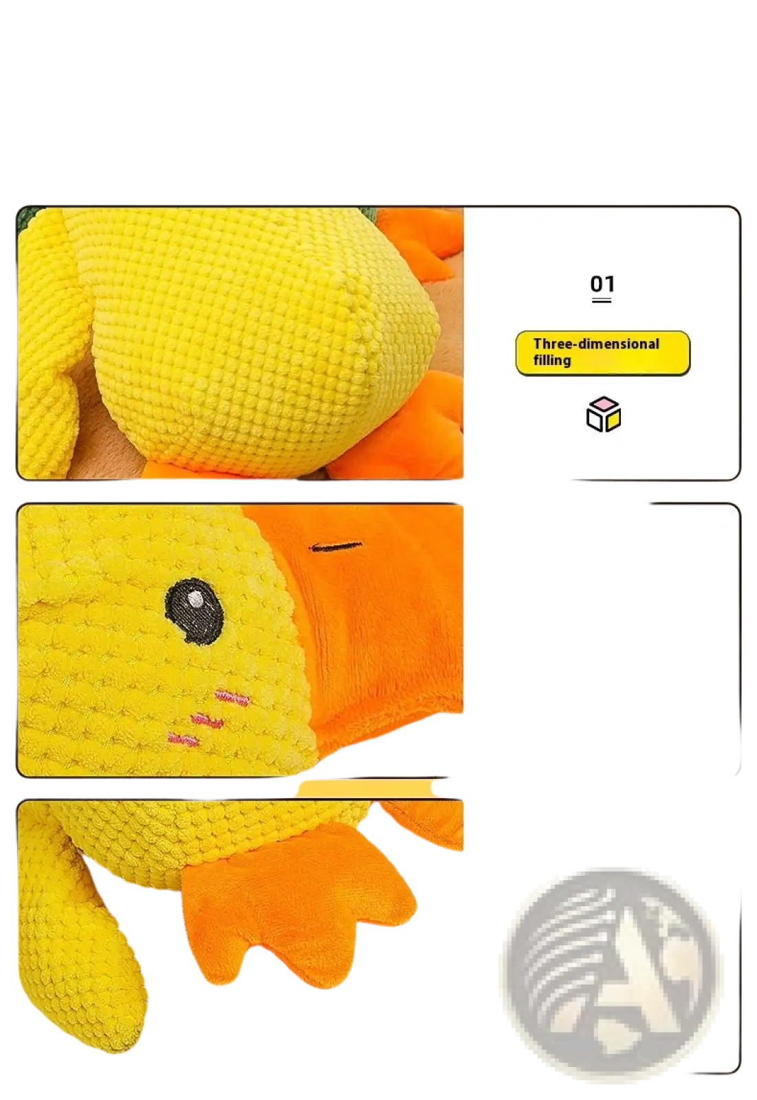A plush yellow calming duck toy for dogs with orange feet and beak made of textured fabric with embroidered details