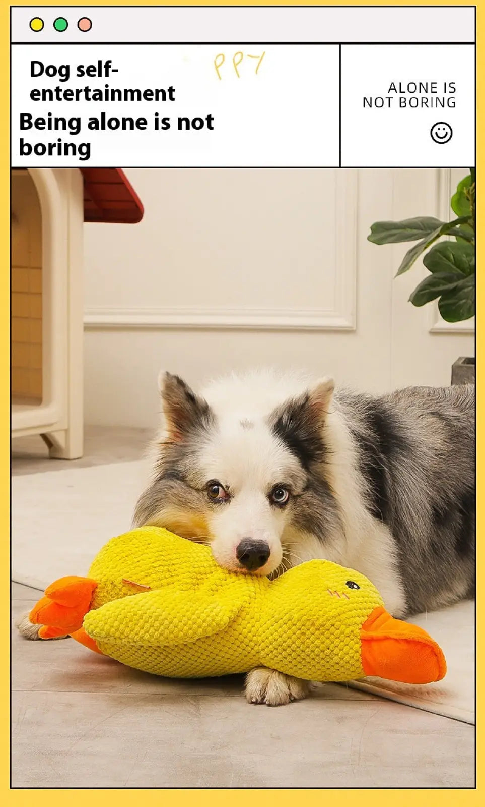 Yellow textured rubber duck toy with orange beak and feet for dogs anxiety relief and calming quacking plush