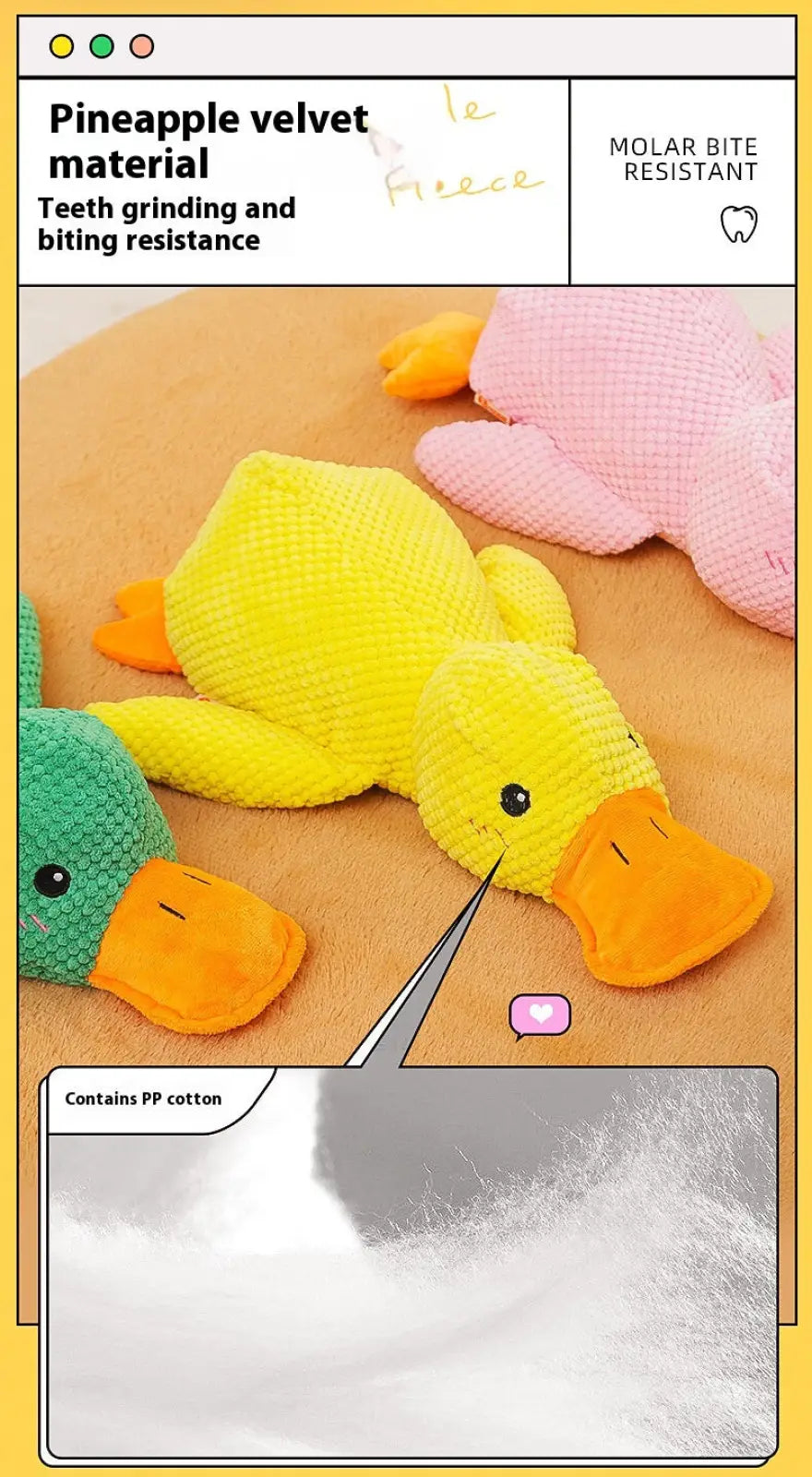 Yellow pineapple velvet duck toy with orange beak and feet made from durable molar-resistant pp cotton for dog anxiety relief
