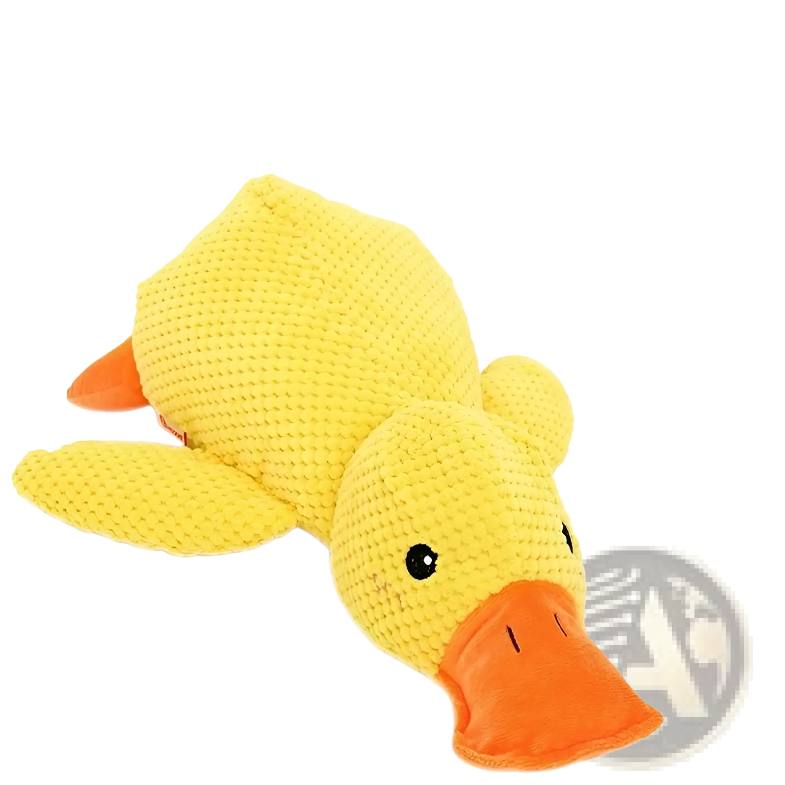 A yellow knitted calming duck toy for dogs with an orange beak and feet for anxiety relief