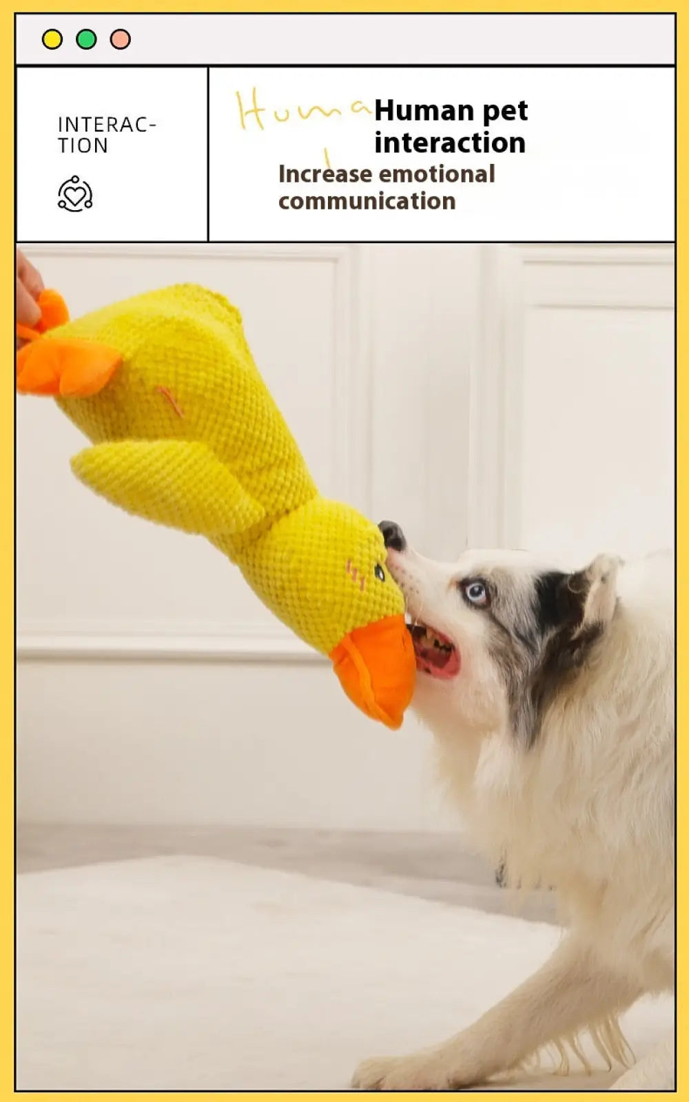Bright yellow textured fabric calming duck toy with orange beak and feet for dog anxiety relief and quacking plush