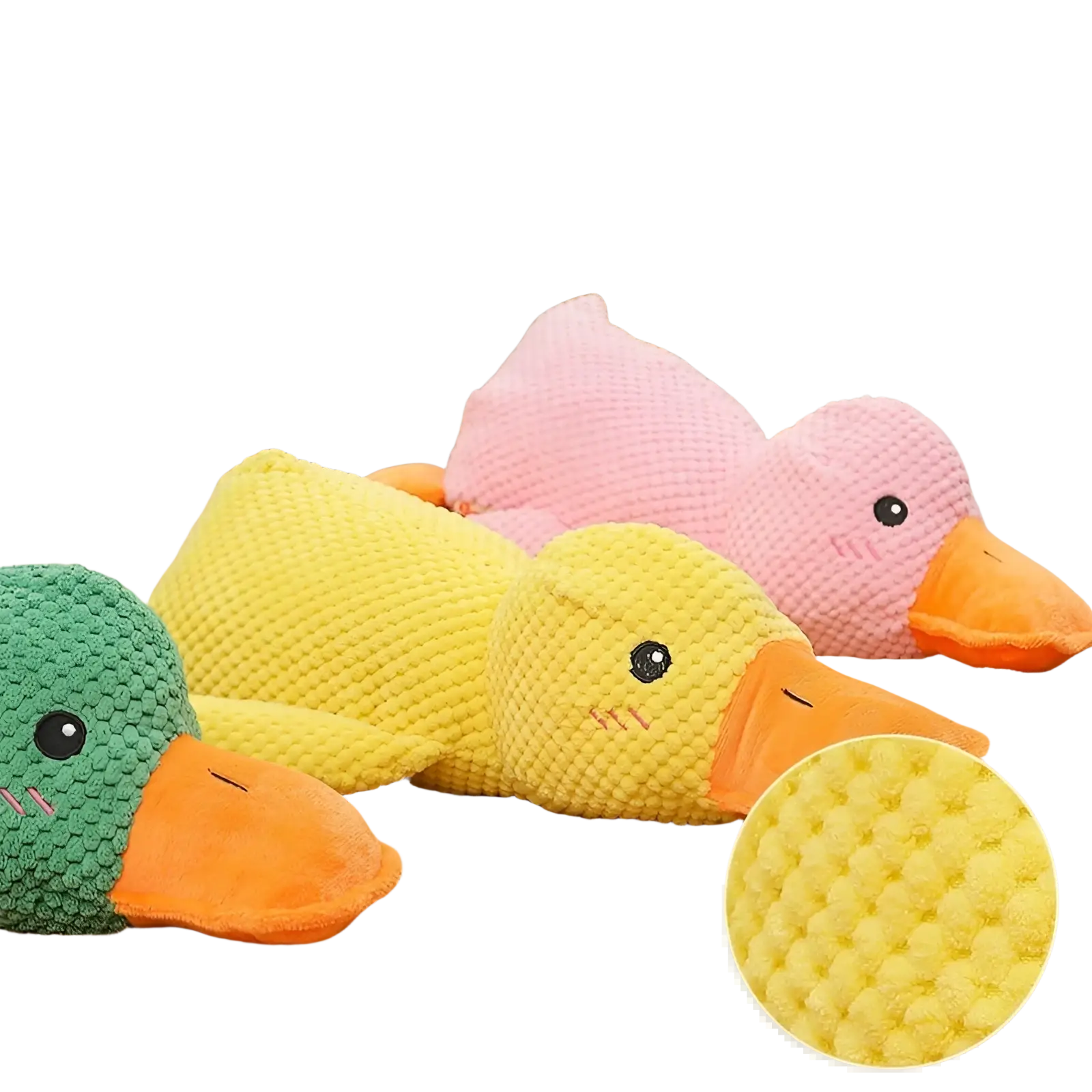 Soft plush duck-shaped calming dog toys in green yellow and pink with orange beaks made from pineapple grid material