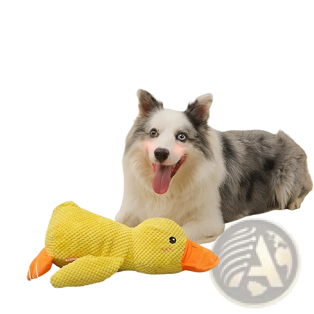 Yellow crocheted duck calming toy for dogs with orange beak and feet designed for anxiety relief and quacking plush