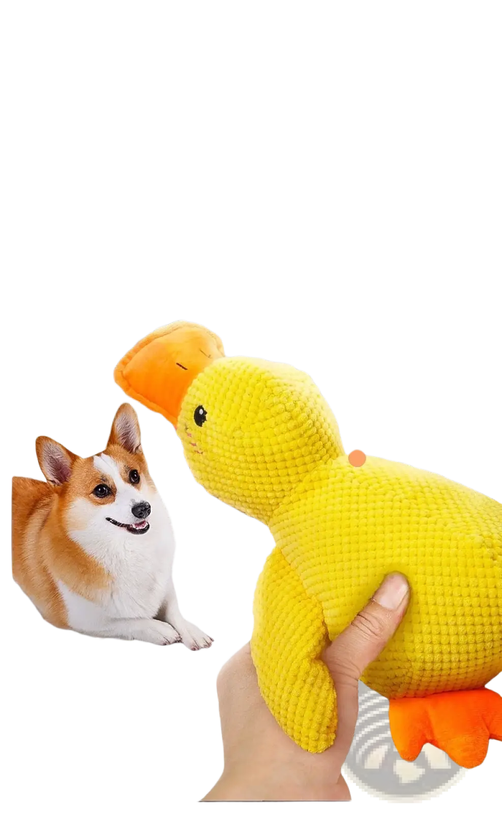 A plush yellow duck toy with orange beak and feet that simulates a quacking sound for dog anxiety relief