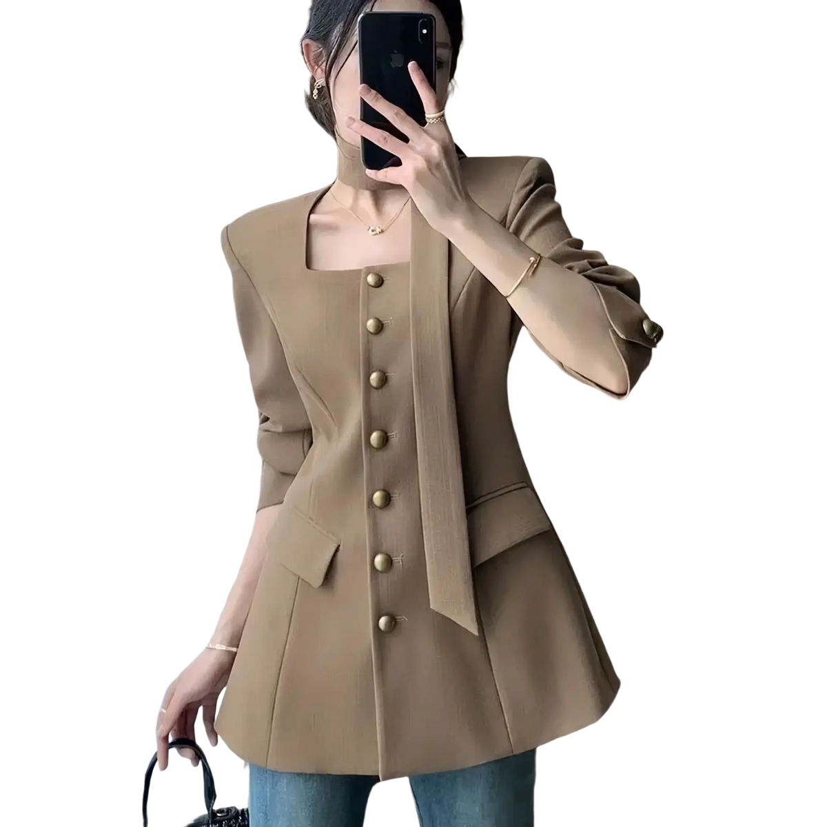 Beige camel square collar blazer with gold buttons and flared hem in a tailored design for formal wear
