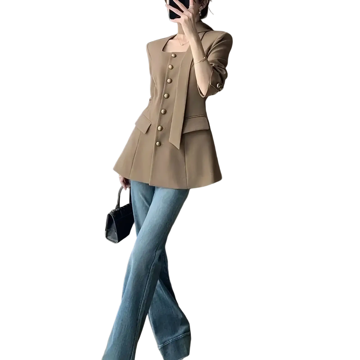 Beige camel square collar blazer with gold buttons and flared hem made from premium fabric for formal wear
