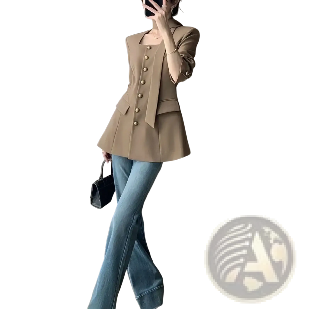 Beige camel square collar blazer with gold buttons and flared hem made from premium fabric for formal wear
