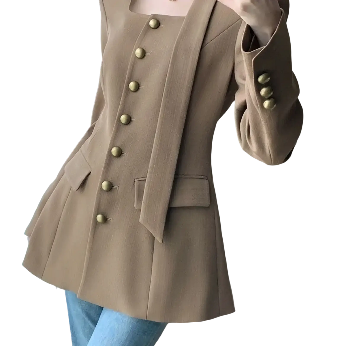 Beige camel square collar blazer with gold-toned buttons and flared hem made from premium fabric