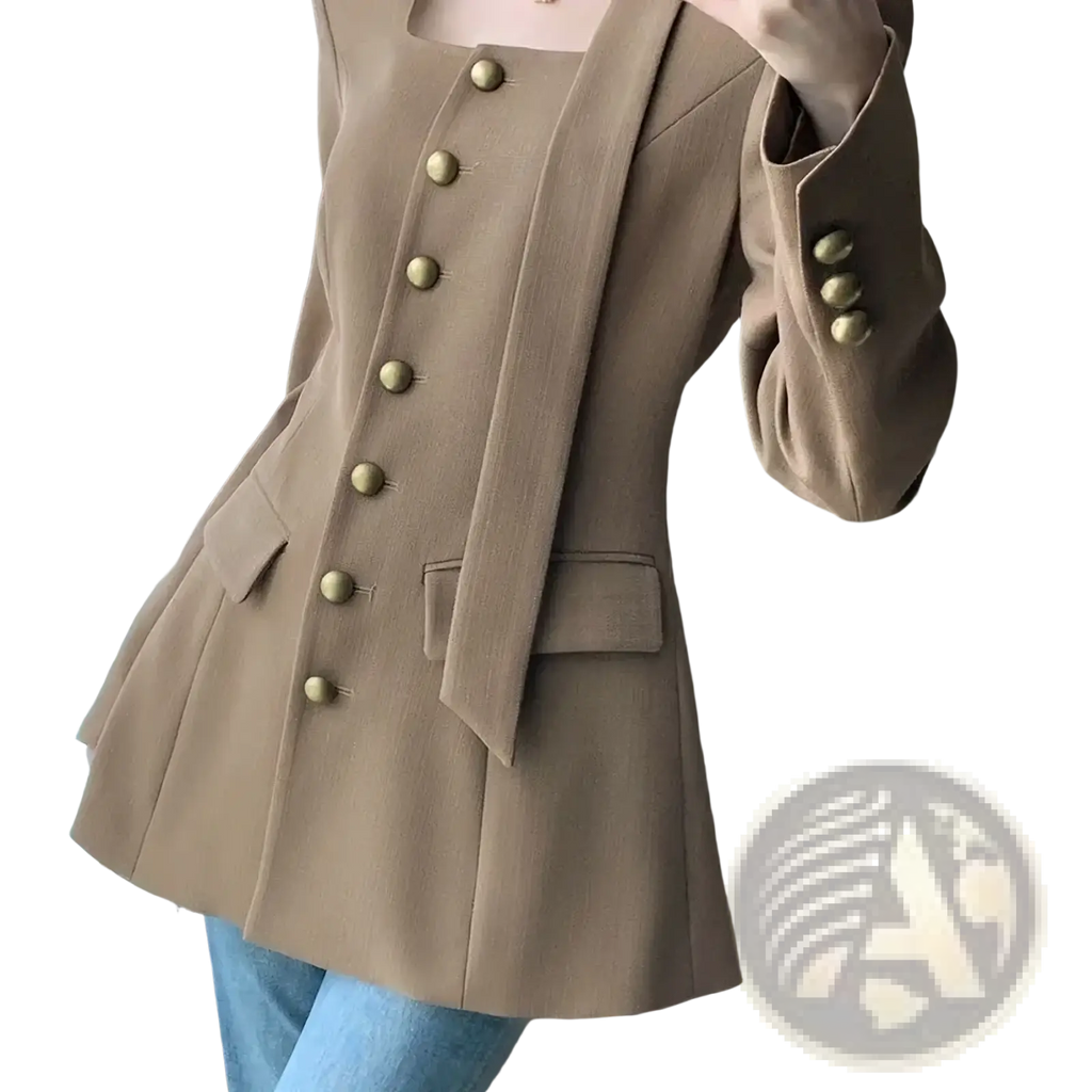 Beige camel square collar blazer with gold-toned buttons and flared hem made from premium fabric