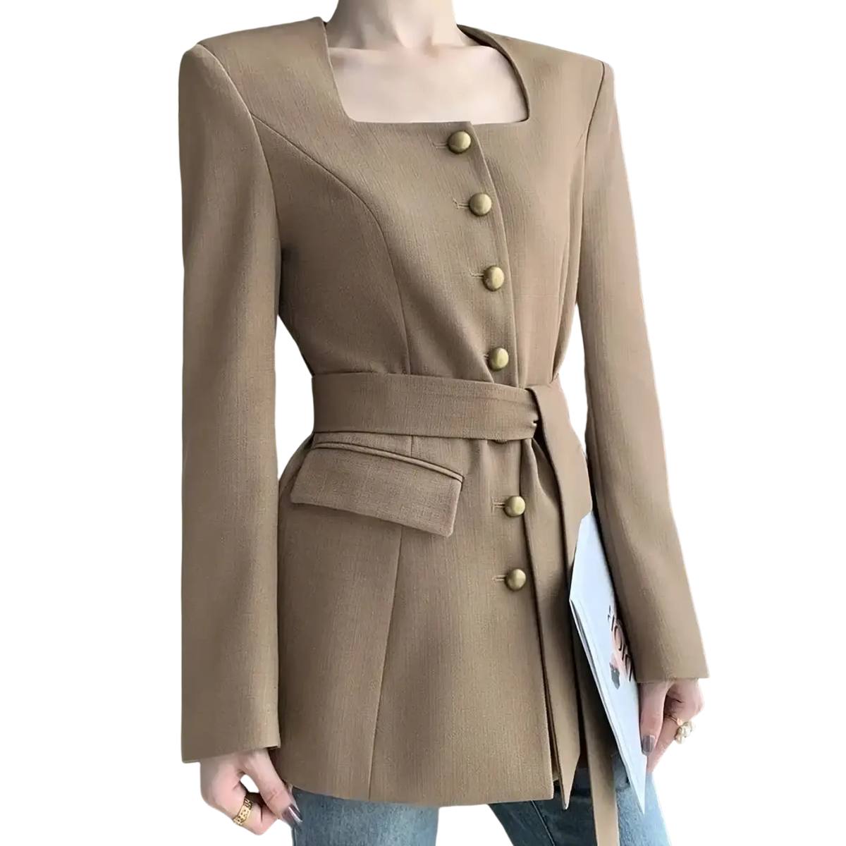 Beige wool camel square collar blazer with gold buttons and a matching belt for elegant formal wear