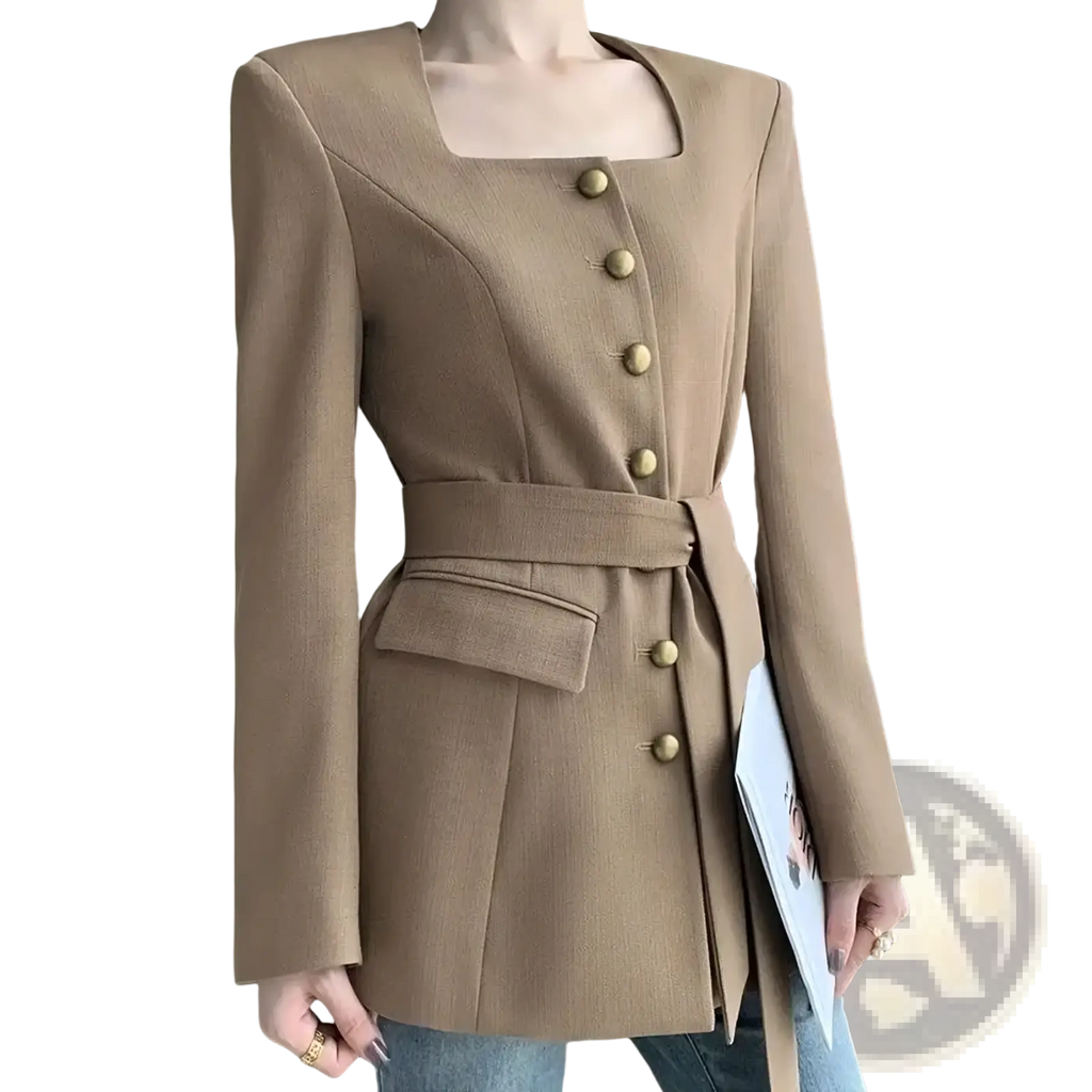 Beige wool camel square collar blazer with gold buttons and a matching belt for elegant formal wear
