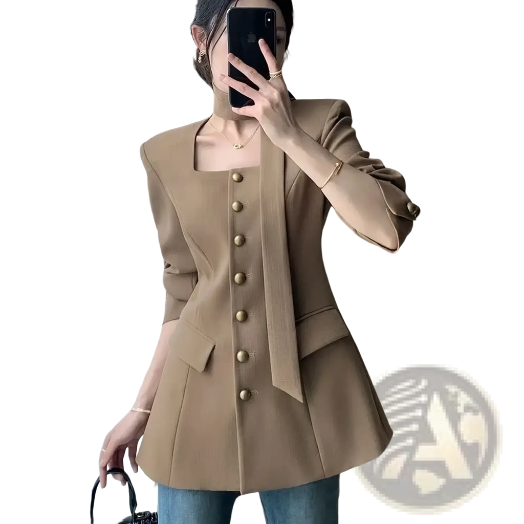 Beige camel square collar blazer with gold buttons and flared hem in a tailored design for formal wear