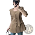 Beige camel square collar blazer with gold buttons and flared hem in a tailored design for formal wear