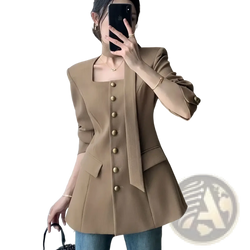 Beige camel square collar blazer with gold buttons and flared hem in a tailored design for formal wear