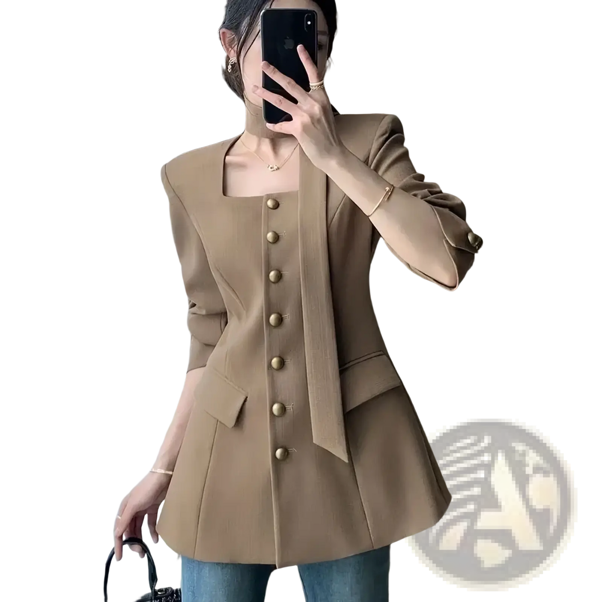 Beige camel square collar blazer with gold buttons and flared hem in a tailored design for formal wear